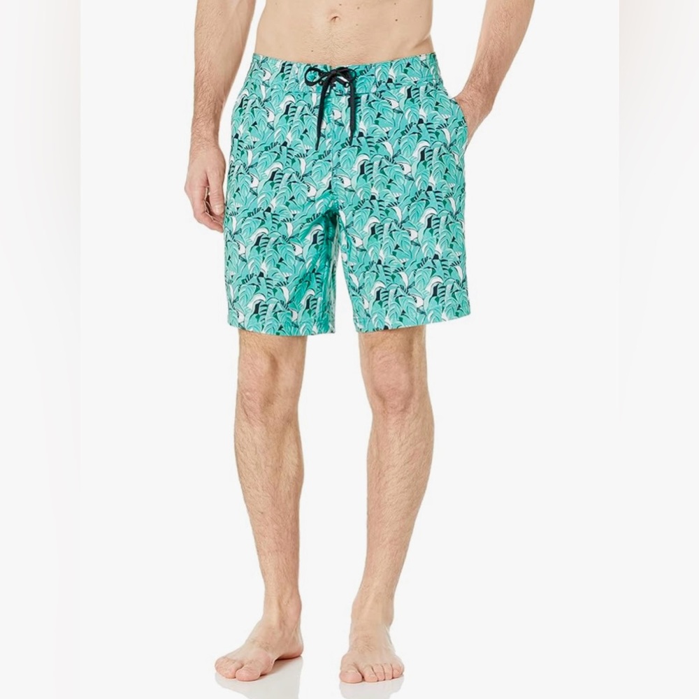 Amazon Essentials Men’s Board Shorts Swim Trunks XXL Turquoise Green Leaf NWT